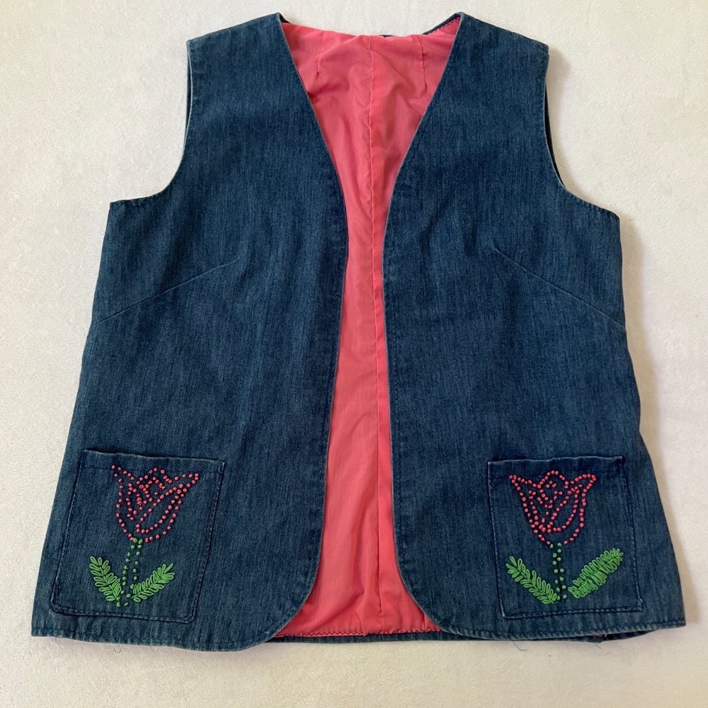 Handmade Denim Vest Blue Pink Butterfly Tulip Embroidered XL